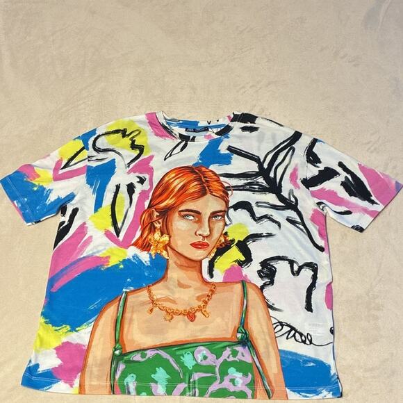Zara Graphic All Over Print Abstract Artsy Oversized Tshirt - Picture 7 of 9